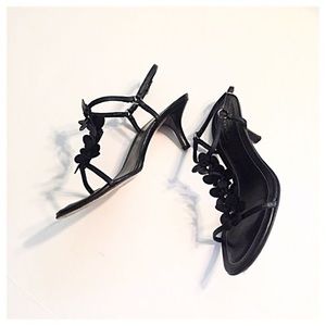 Coach Black Leather Kitten Sandals with Flowers
